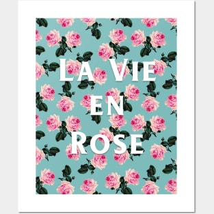 La Vie En Rose - Pink roses on turquoise, teal tee Posters and Art